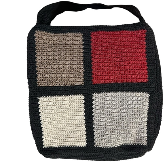 NWOT The Sak Black Red Tan Cream 4-Square Crochet Purse Shoulder Bag - Picture 3 of 9